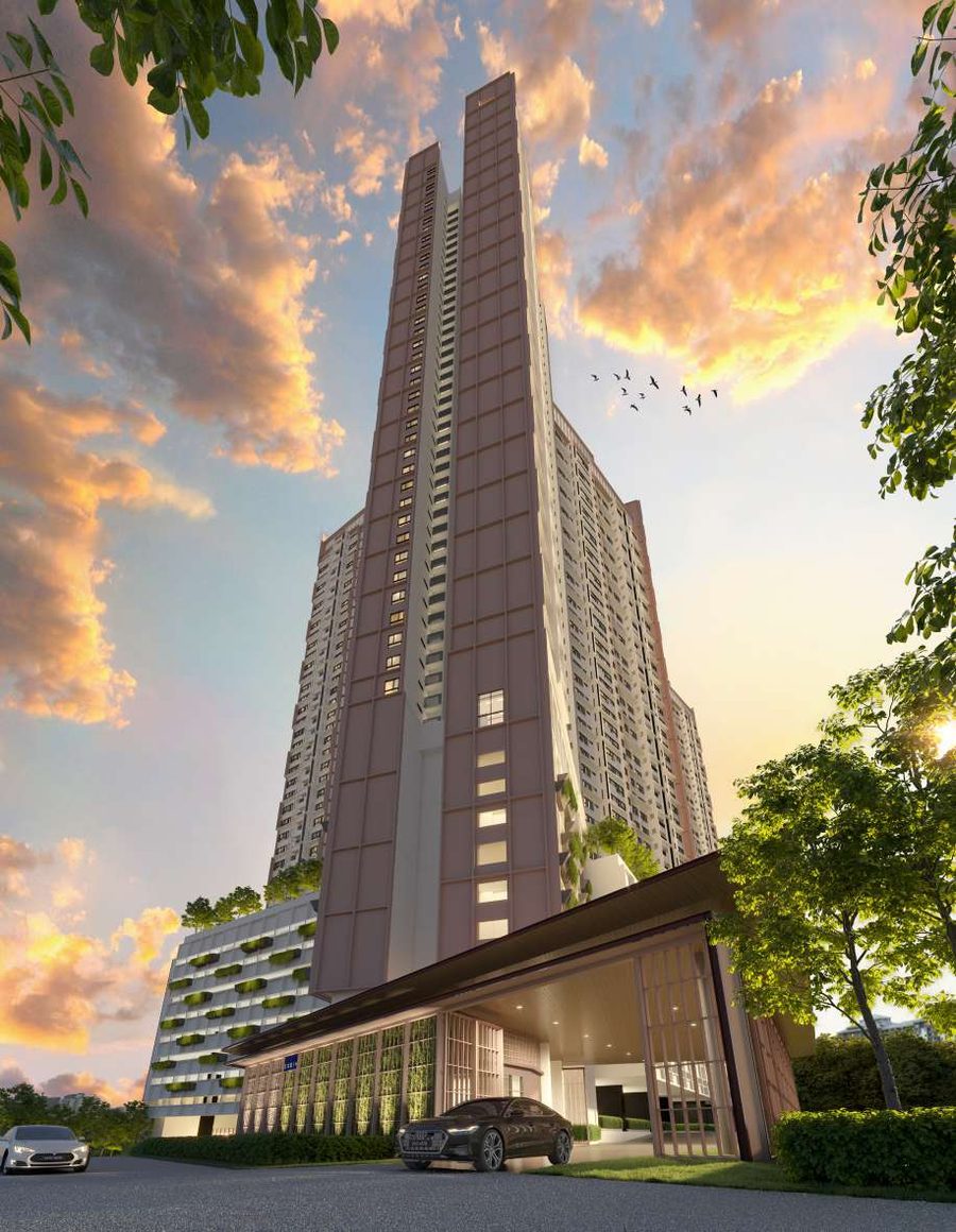 The Queenswoodz Bukit Jalil tower exterior at sunset, artist's impression