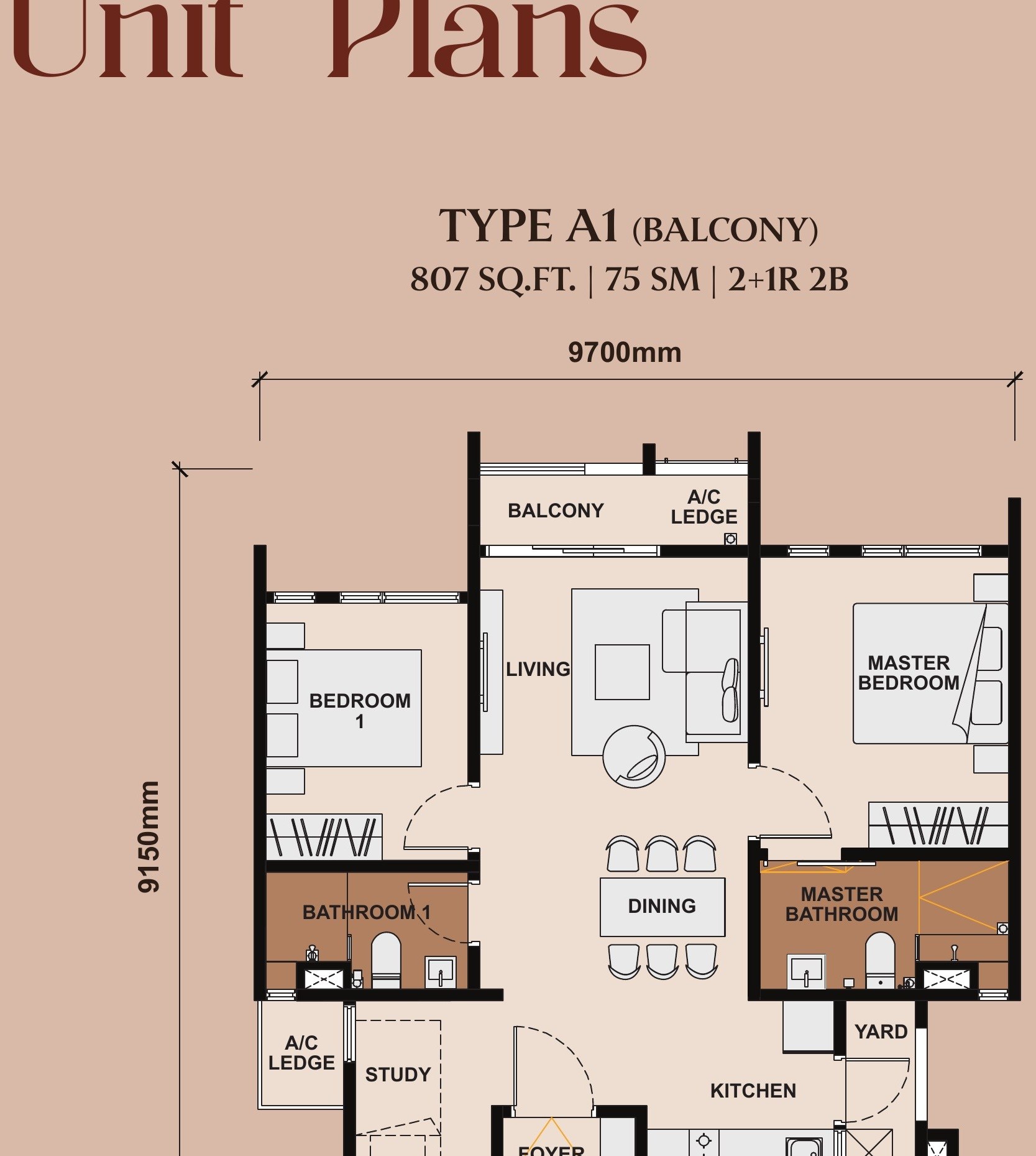 The Queenswoodz Bukit Jalil Type A 807 sqft floor plan, 2+1 bedrooms 2 bathrooms