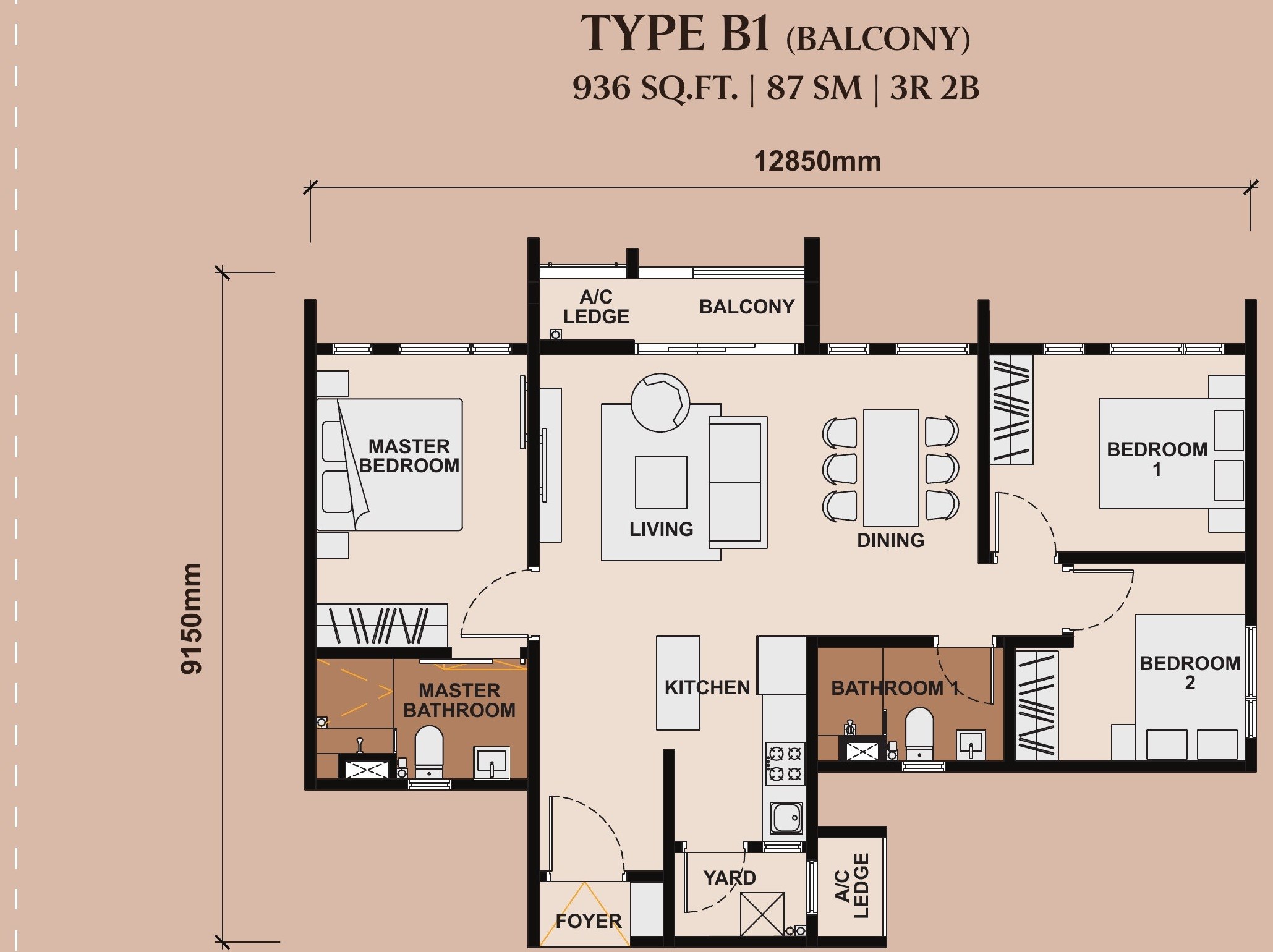 The Queenswoodz Bukit Jalil Type B 936 sqft floor plan, 3 bedrooms 2 bathrooms