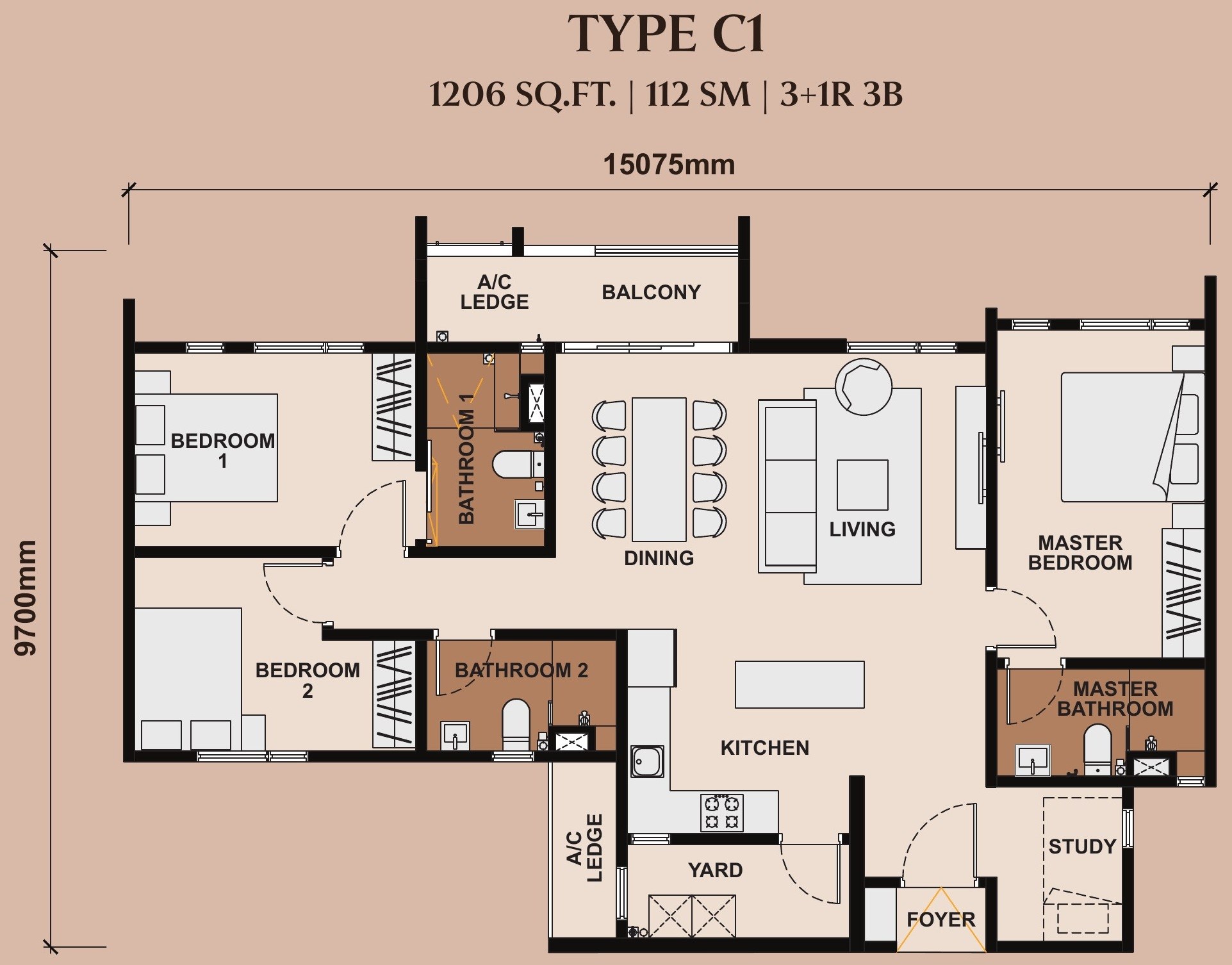The Queenswoodz Bukit Jalil Type C 1206 sqft floor plan, 3+1 bedrooms 3 bathrooms