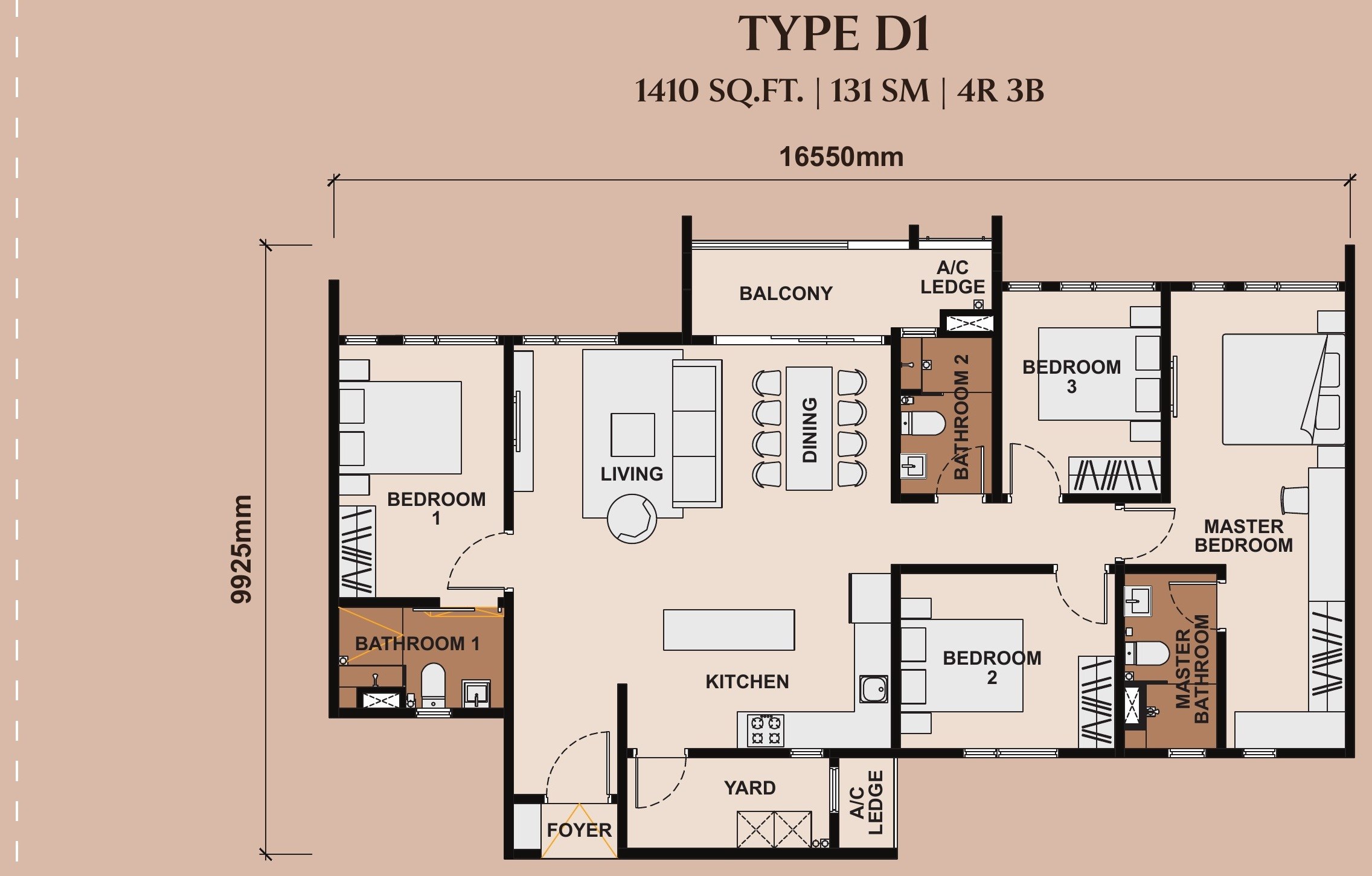 The Queenswoodz Bukit Jalil Type D1 1410 sqft floor plan, 4 bedrooms 3 bathrooms