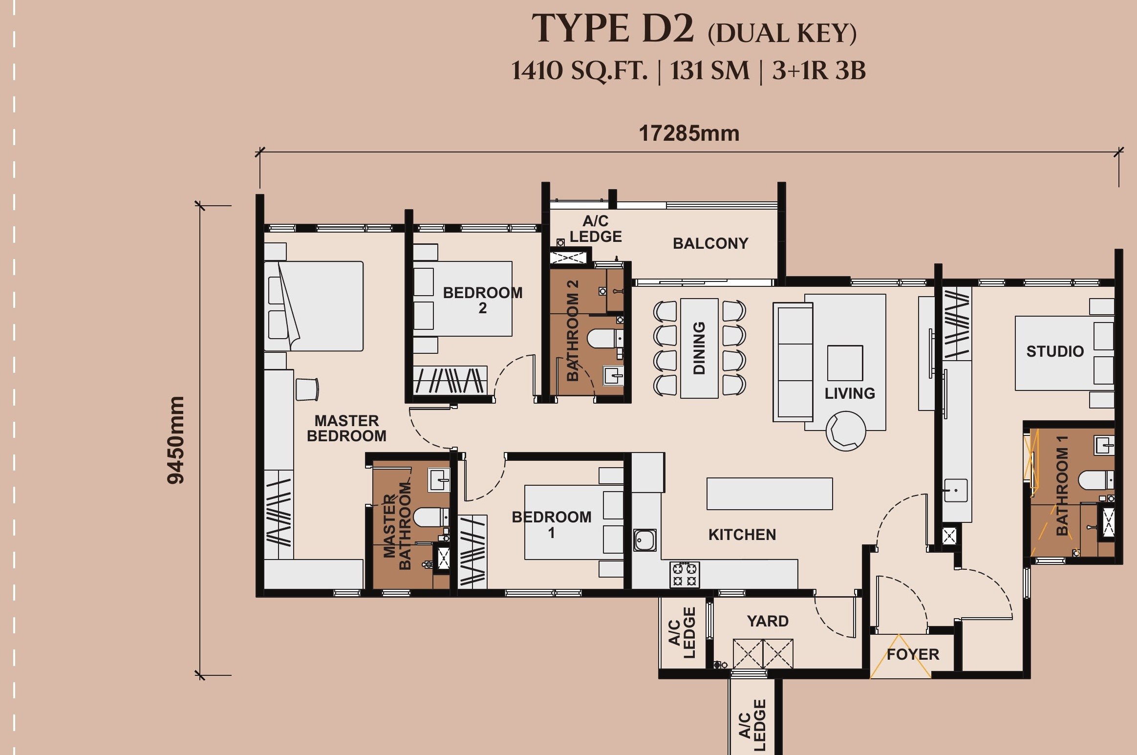 The Queenswoodz Bukit Jalil Type D2 dual key 1410 sqft floor plan, 3+1 bedrooms 3 bathrooms