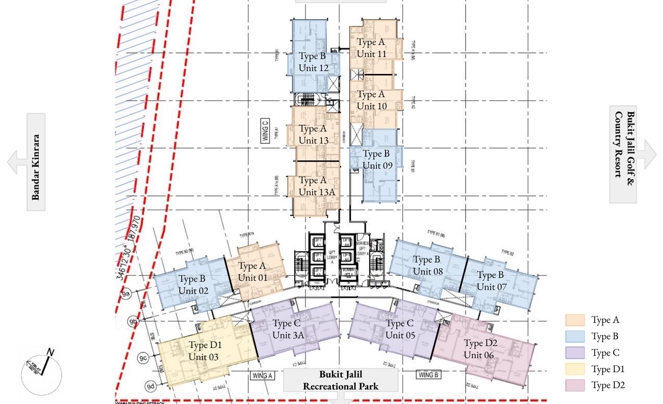 The Queenswoodz Bukit Jalil typical floor plate showing Type A, B, C, D1 and D2 unit positions
