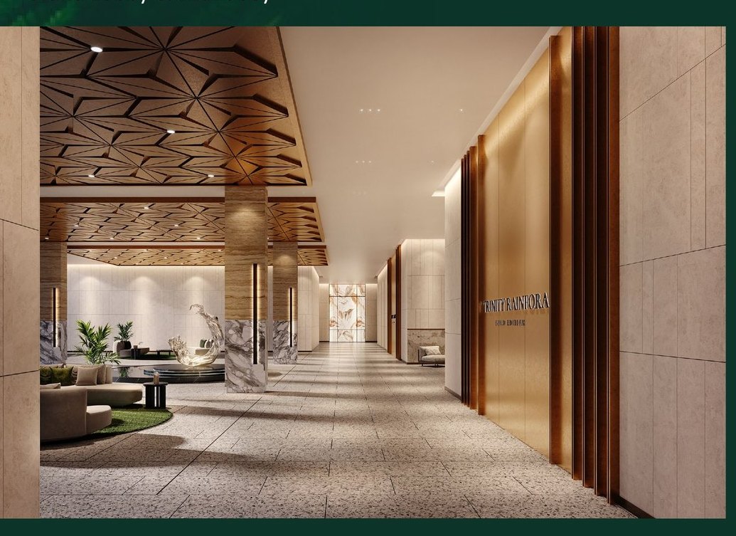 The grand lobby and lift lobby at Rainfora Residences