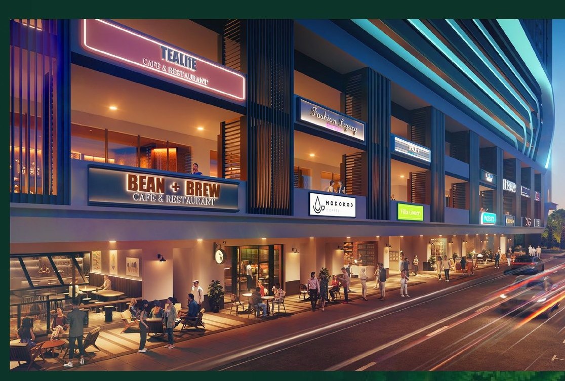 Retail frontage at Rainfora Residences at night