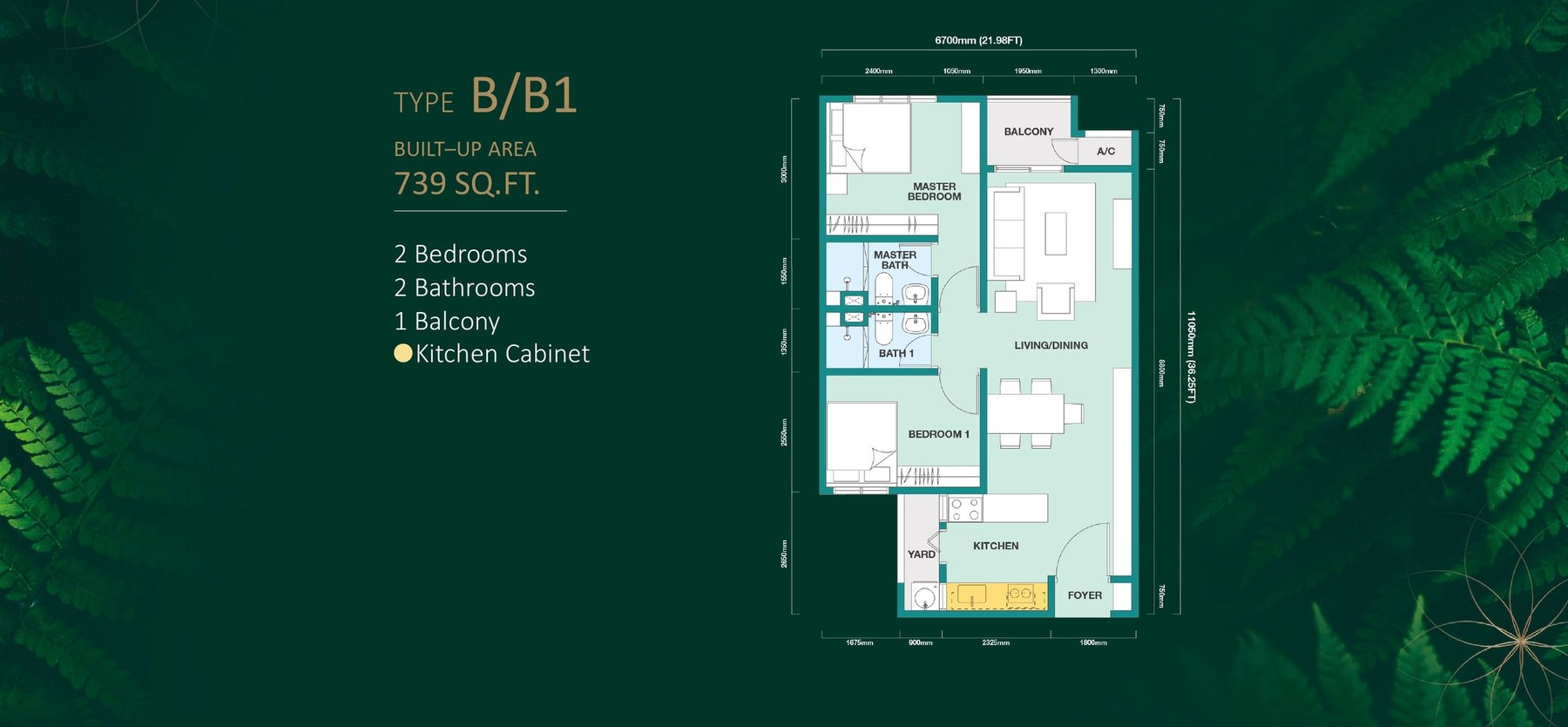 Rainfora Residences Type B floor plan, 739 sq.ft. with two bedrooms and two bathrooms