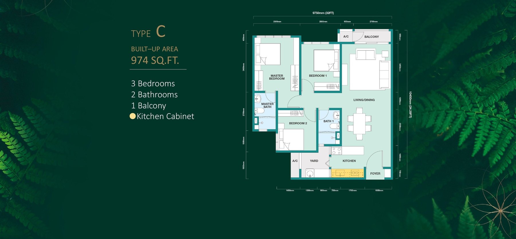 Rainfora Residences Type C floor plan, 974 sq.ft. with three bedrooms and two bathrooms