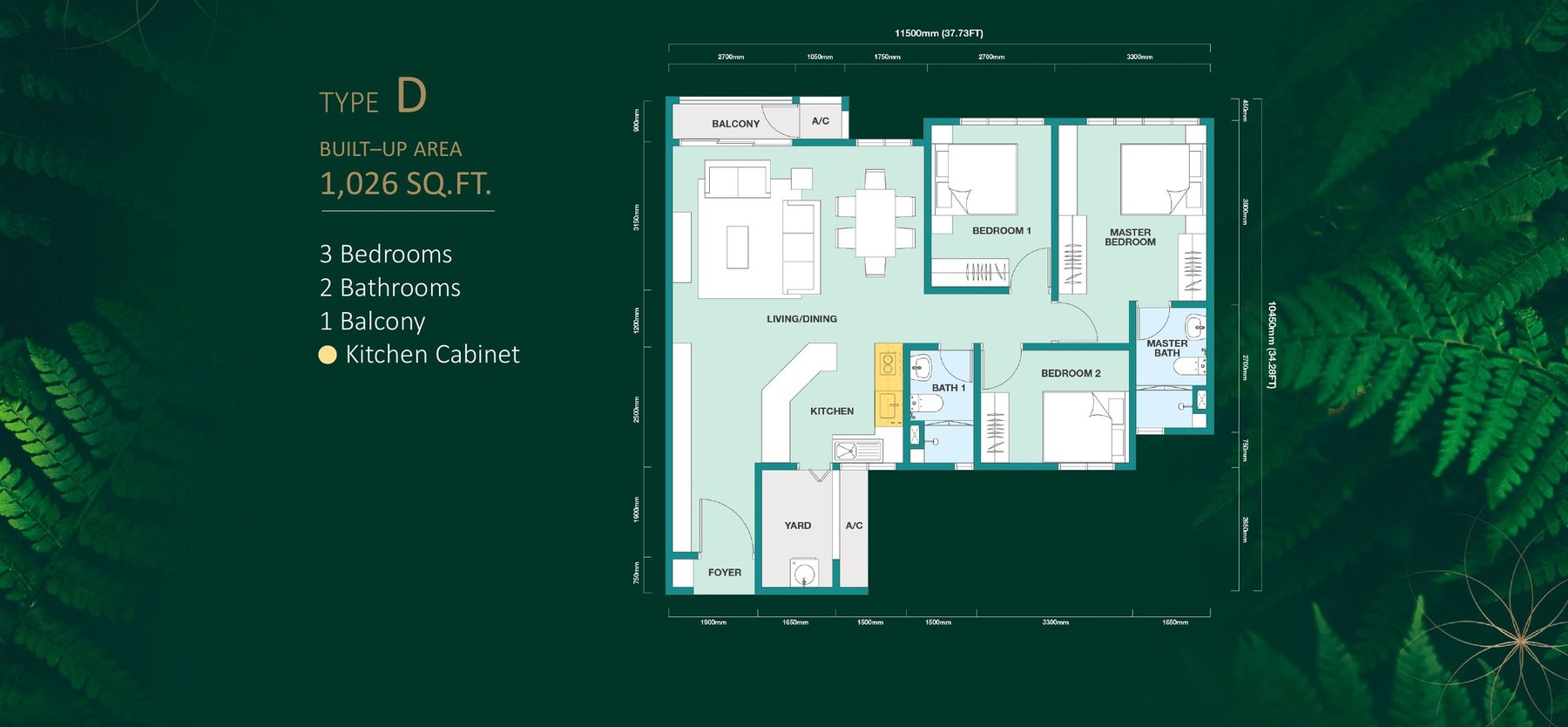 Rainfora Residences Type D floor plan, 1,026 sq.ft. with three bedrooms and two bathrooms