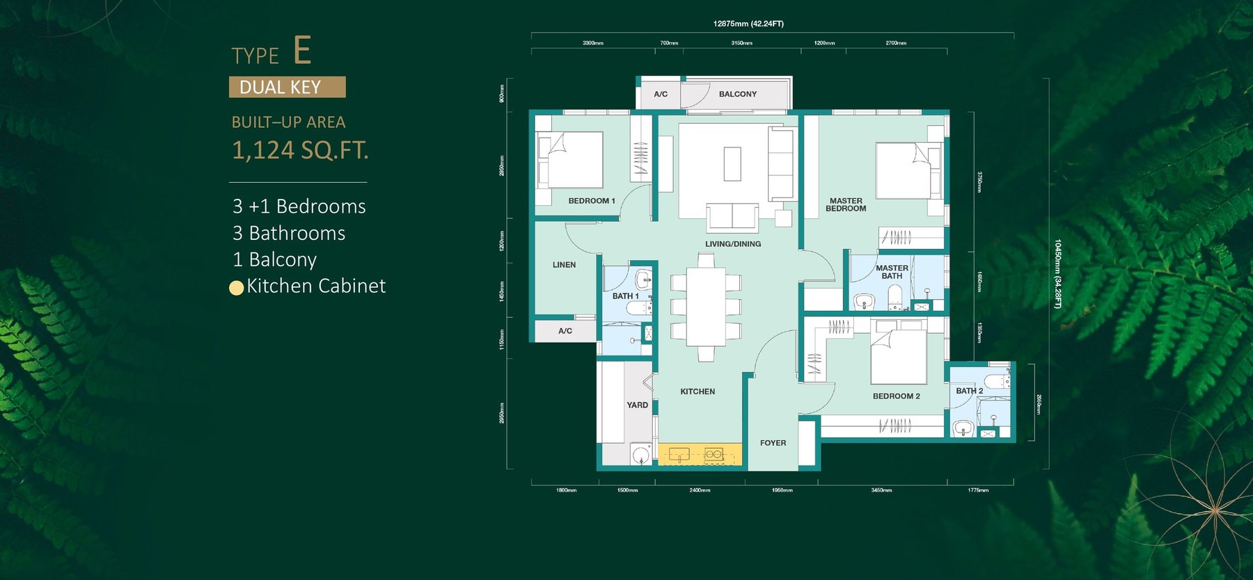 Rainfora Residences Type E dual-key floor plan, 1,124 sq.ft. with three plus one bedrooms