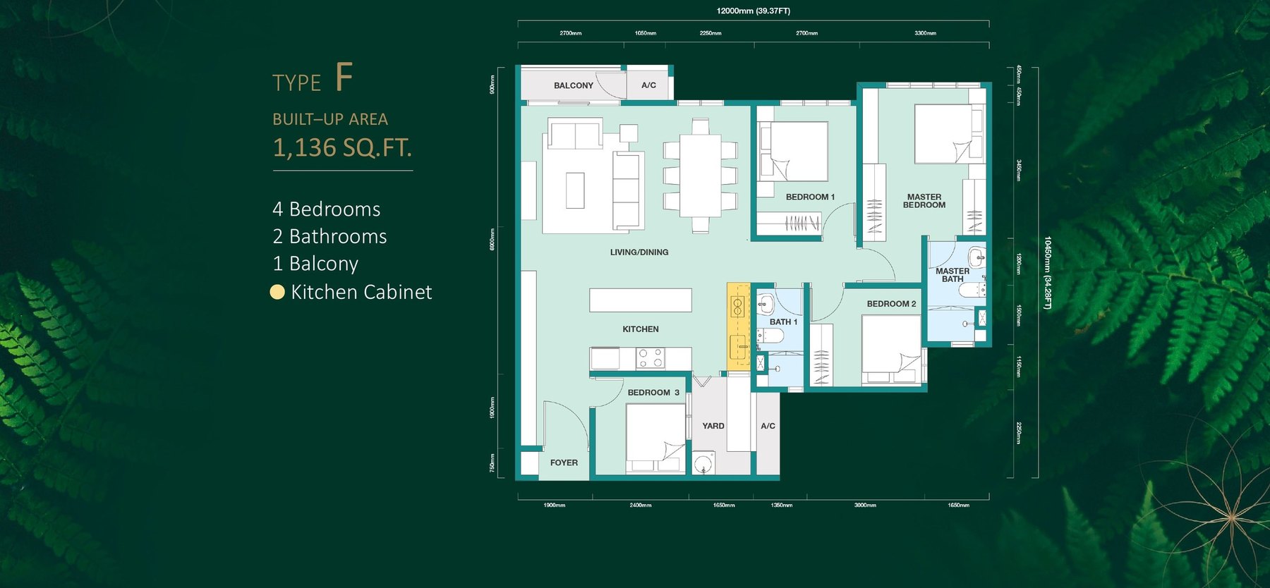 Rainfora Residences Type F floor plan, 1,136 sq.ft. with four bedrooms and two bathrooms