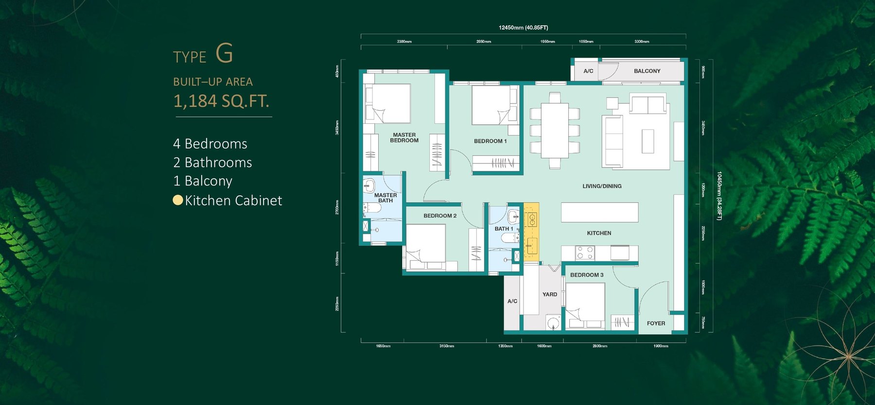 Rainfora Residences Type G floor plan, 1,184 sq.ft. with four bedrooms and two bathrooms
