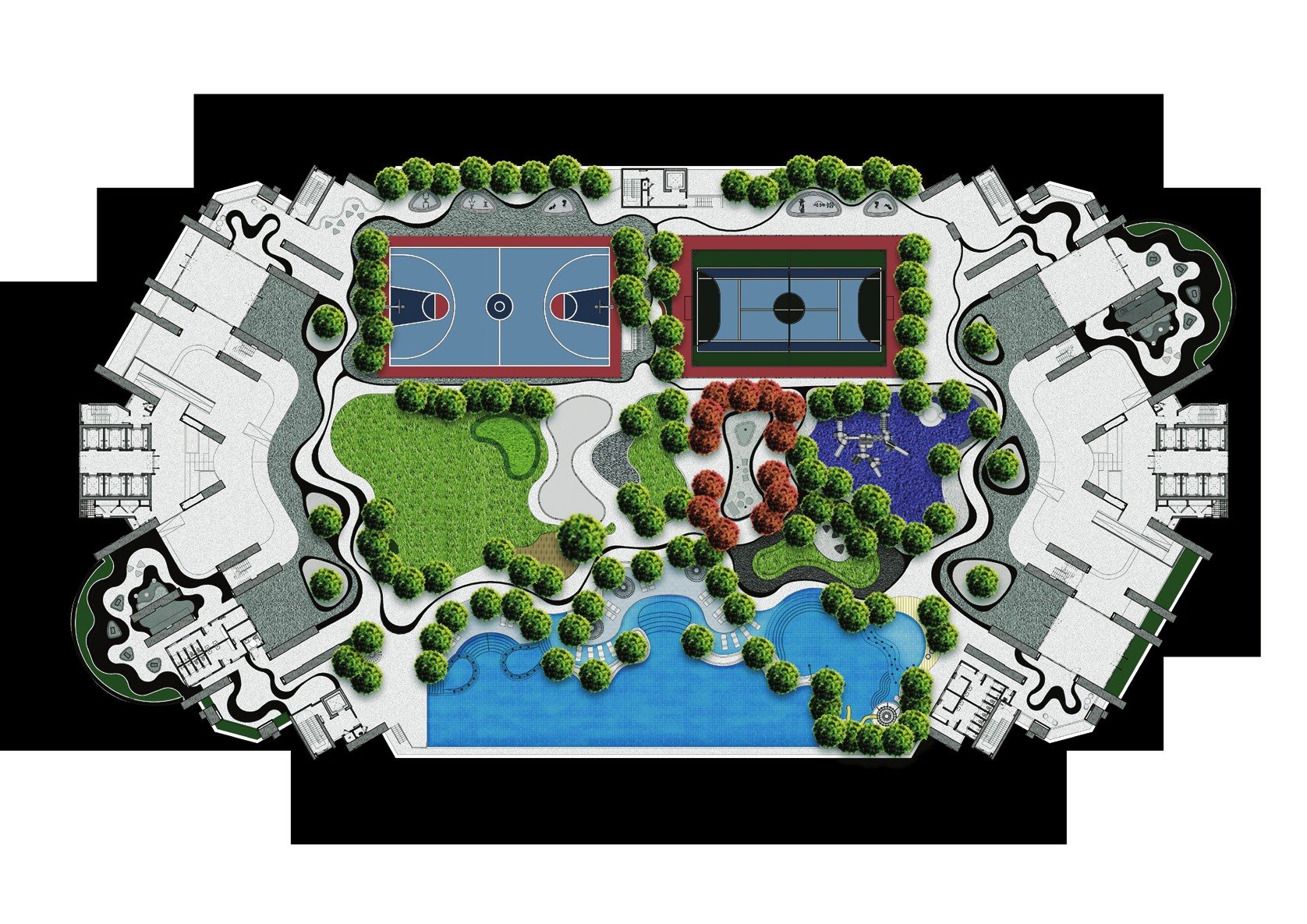 Ren Residence facilities plan showing the swimming pool, multi-courts, basketball court and landscaped podium deck