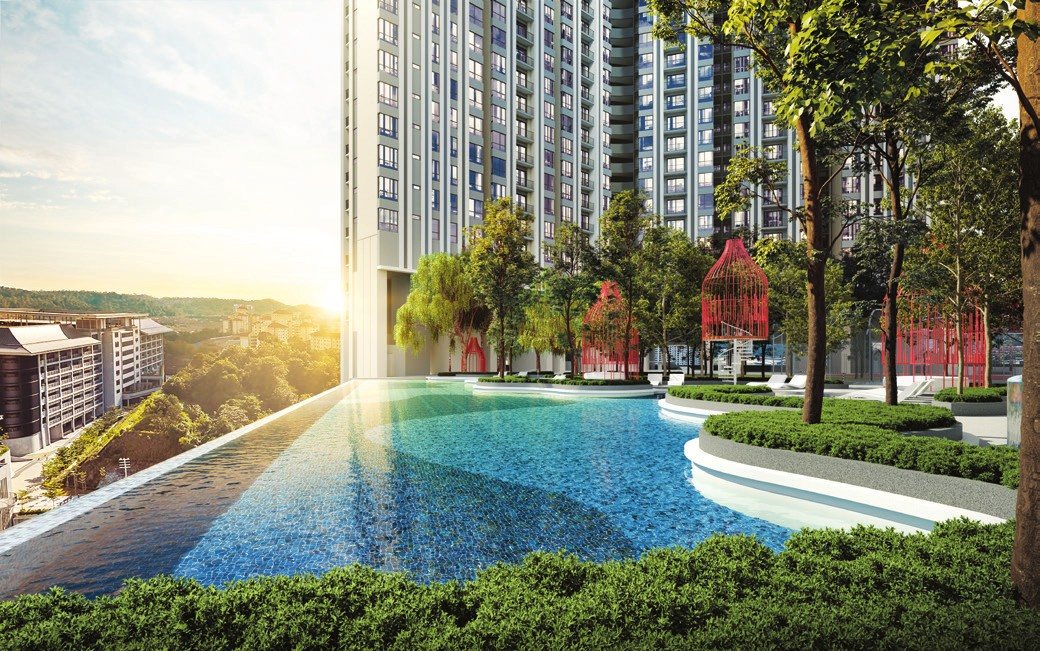 Swimming pool and landscaped podium deck at Ren Residence