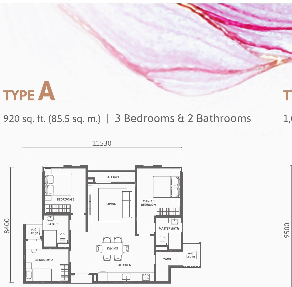 Ren Residence Type A floor plan, 920 sq.ft., 3 bedrooms and 2 bathrooms