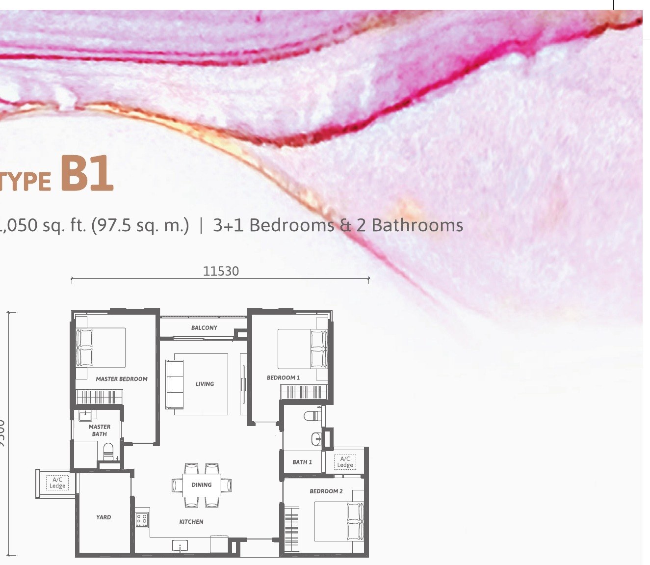 Ren Residence Type B1 floor plan, 1,050 sq.ft., 3 plus 1 bedrooms and 2 bathrooms