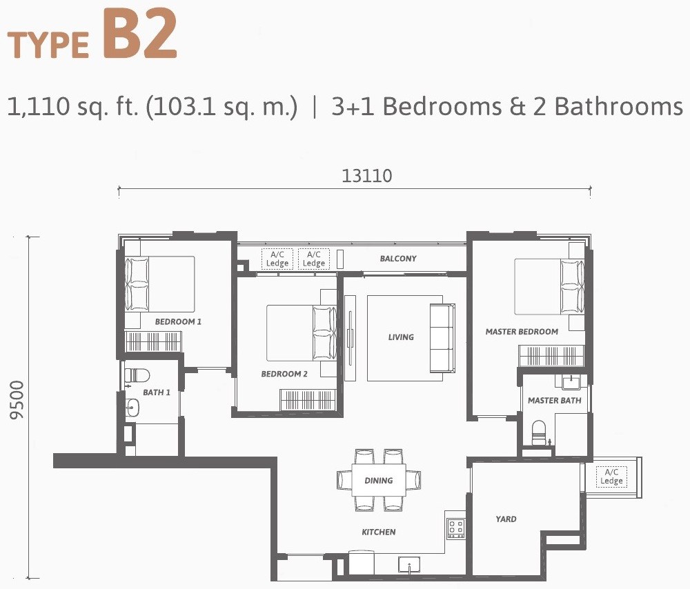 Ren Residence Type B2 floor plan, 1,110 sq.ft., 3 plus 1 bedrooms and 2 bathrooms