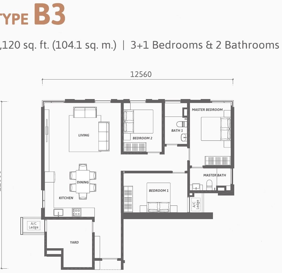 Ren Residence Type B3 floor plan, 1,120 sq.ft., 3 plus 1 bedrooms and 2 bathrooms