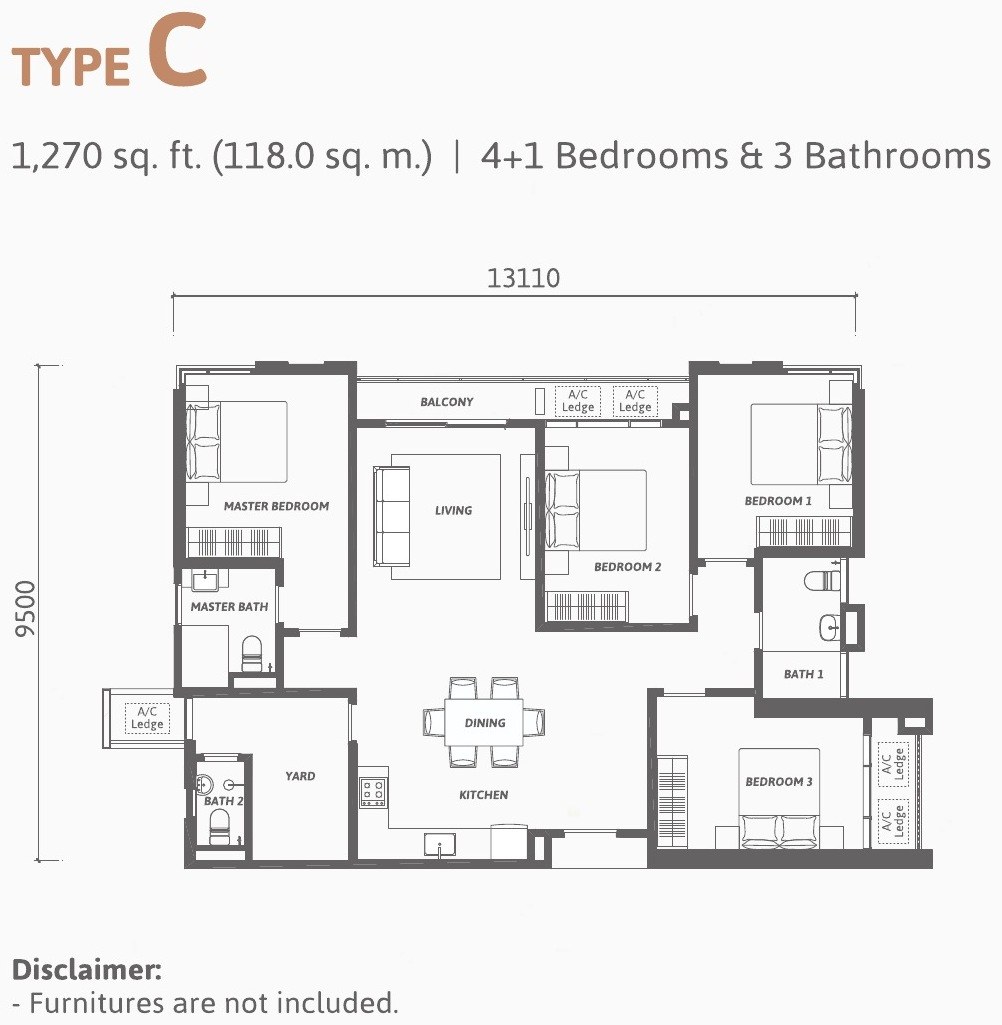 Ren Residence Type C floor plan, 1,270 sq.ft., 4 plus 1 bedrooms and 3 bathrooms