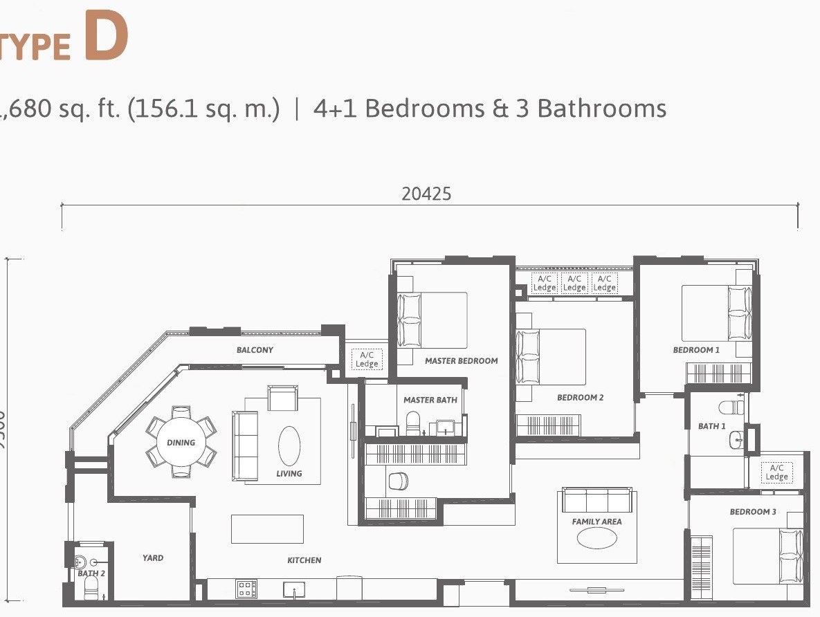 Ren Residence Type D floor plan, 1,680 sq.ft., 4 plus 1 bedrooms with family area