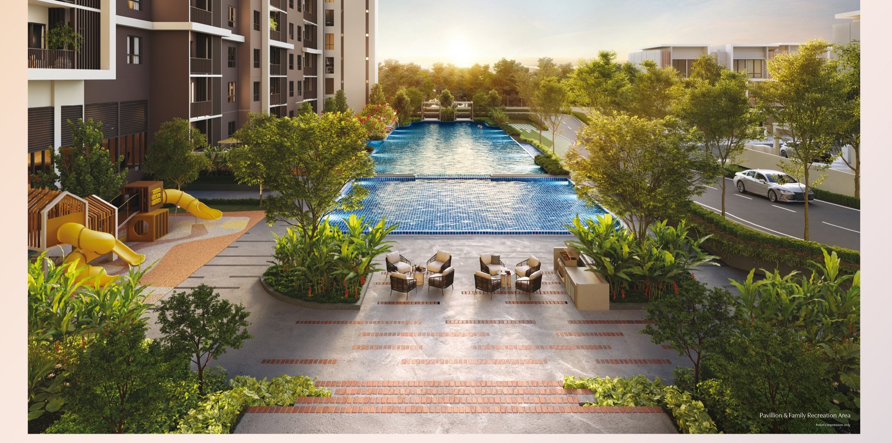 Pavilion and family recreation area at RIA Sunsuria with the pool and children's slide