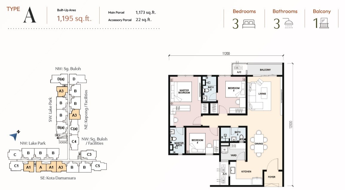 RIA Sunsuria Type A floor plan, 1,195 sq.ft., three bedrooms and three bathrooms with a balcony