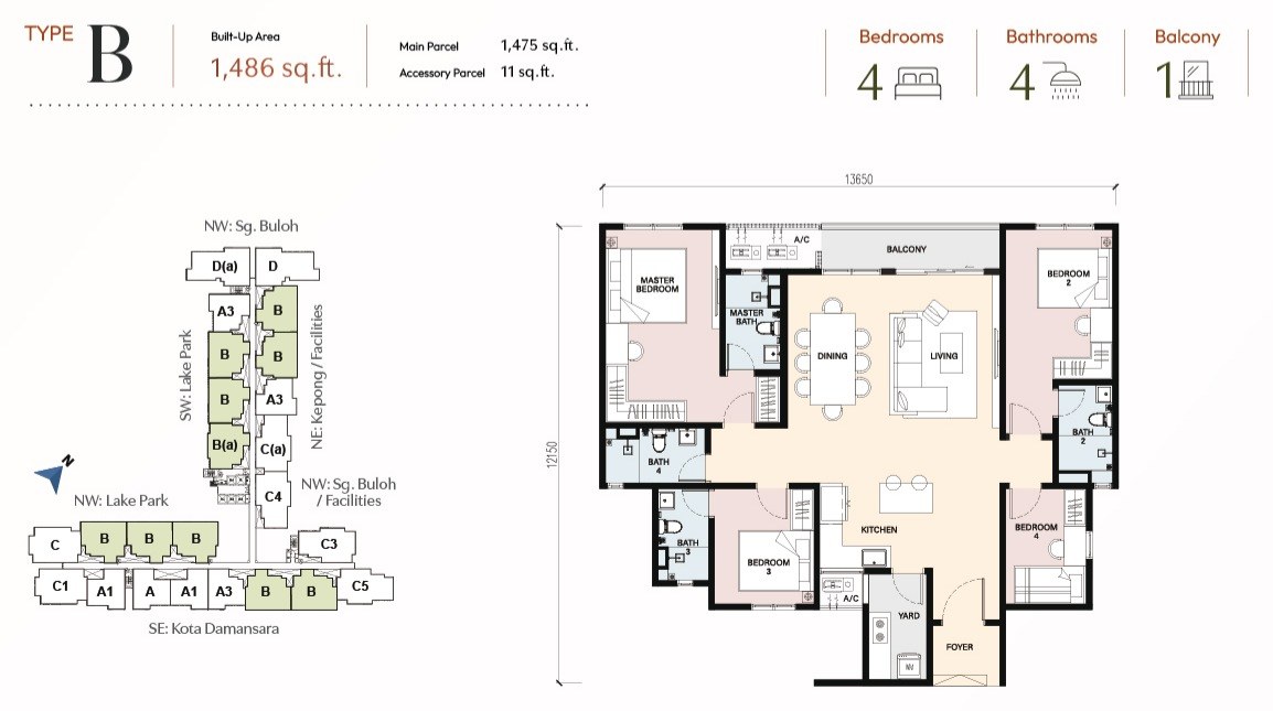 RIA Sunsuria Type B floor plan, 1,486 sq.ft., four bedrooms and four bathrooms with a balcony