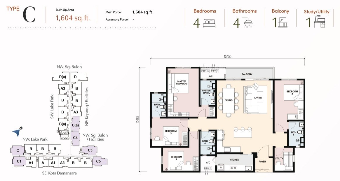 RIA Sunsuria Type C floor plan, 1,604 sq.ft., four bedrooms and four bathrooms with a study