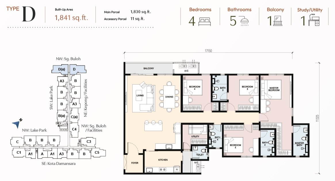 RIA Sunsuria Type D floor plan, 1,841 sq.ft., four bedrooms and five bathrooms with a study