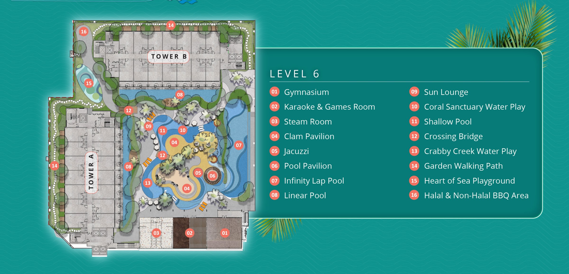 Tagbay Suites Level 6 facilities plan showing the infinity lap pool, linear pool and water play zones