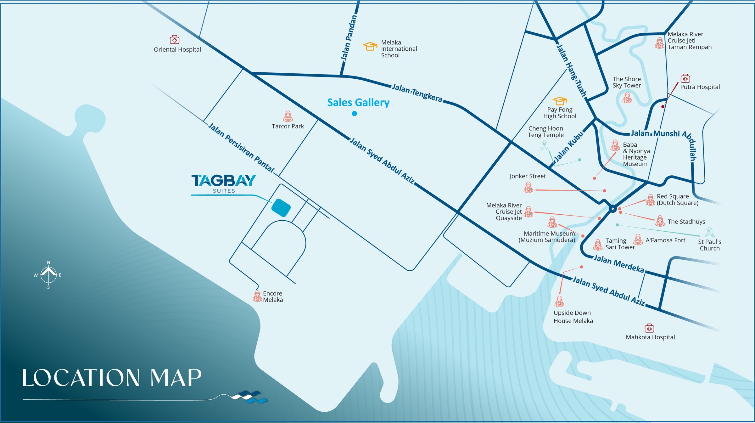 Tagbay Suites Melaka location map showing the waterfront site, the old town and Mahkota Hospital