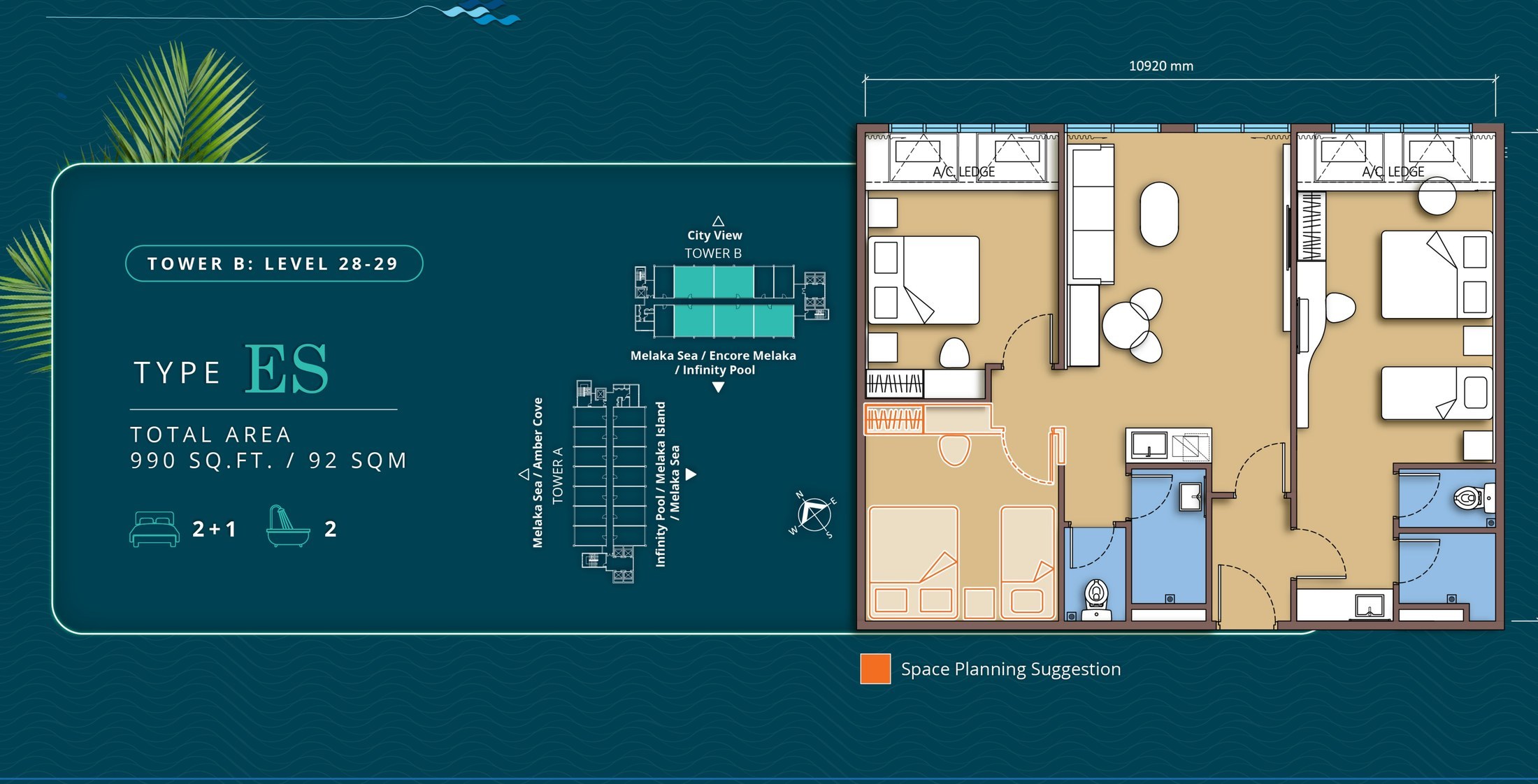 Tagbay Suites Type ES floor plan, 990 sq.ft., two plus one bedrooms and two bathrooms