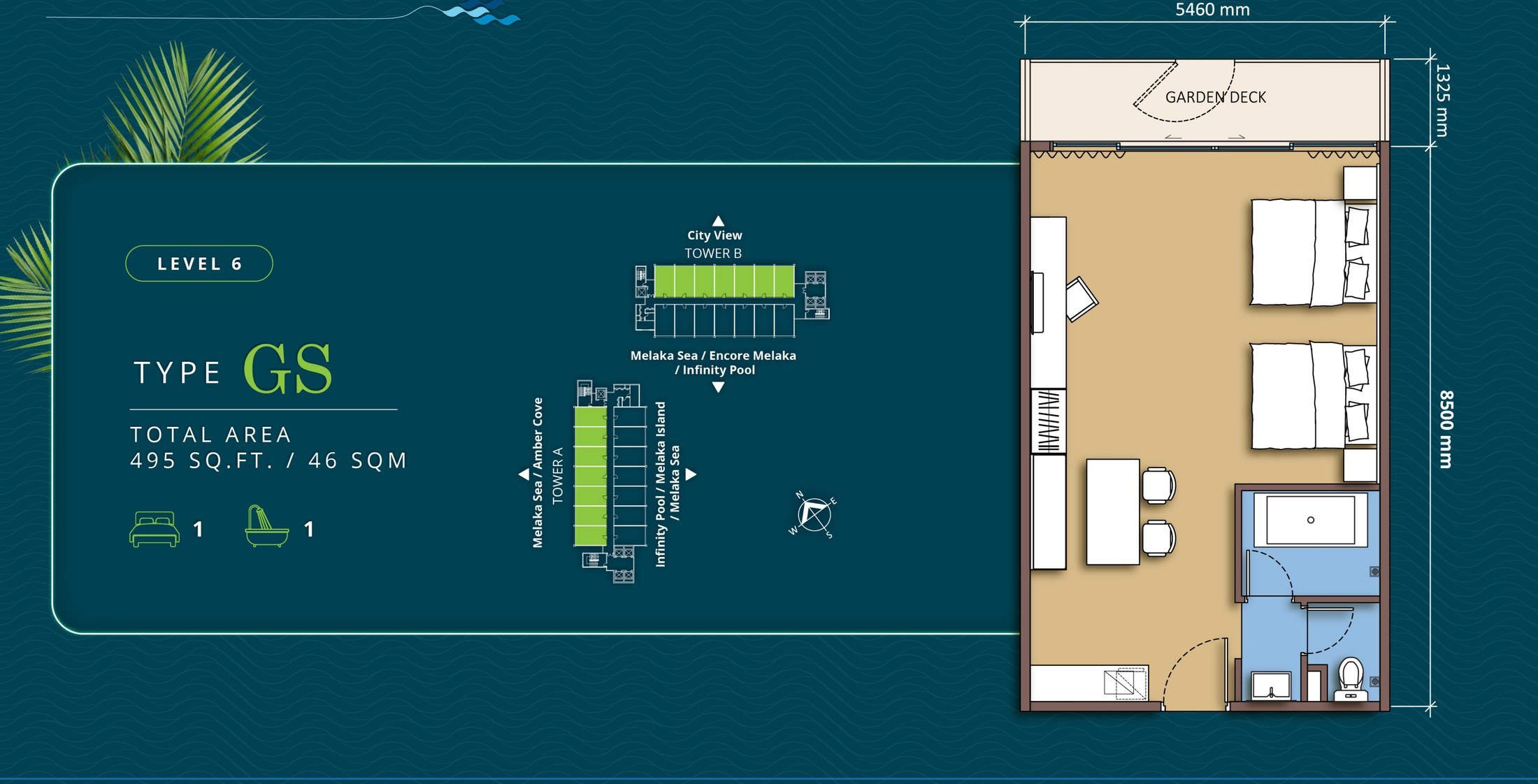 Tagbay Suites Type GS floor plan, 495 sq.ft., one bedroom and one bathroom with a garden deck