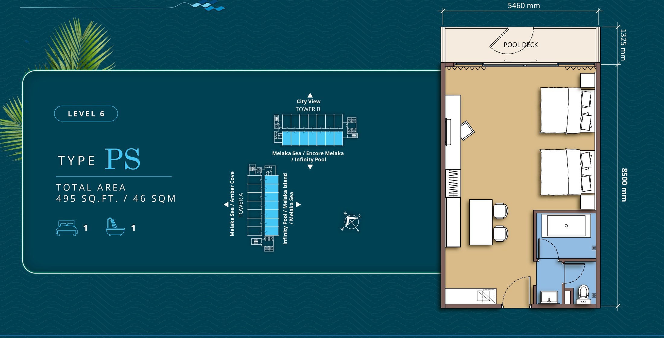 Tagbay Suites Type PS floor plan, 495 sq.ft., one bedroom and one bathroom with a pool deck