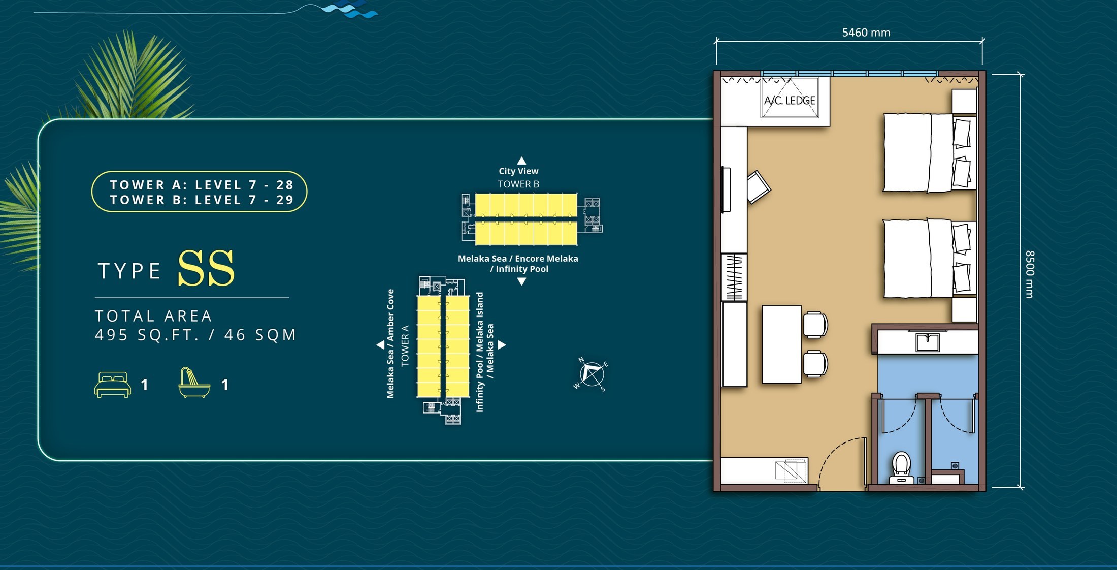 Tagbay Suites Type SS floor plan, 495 sq.ft., one bedroom and one bathroom