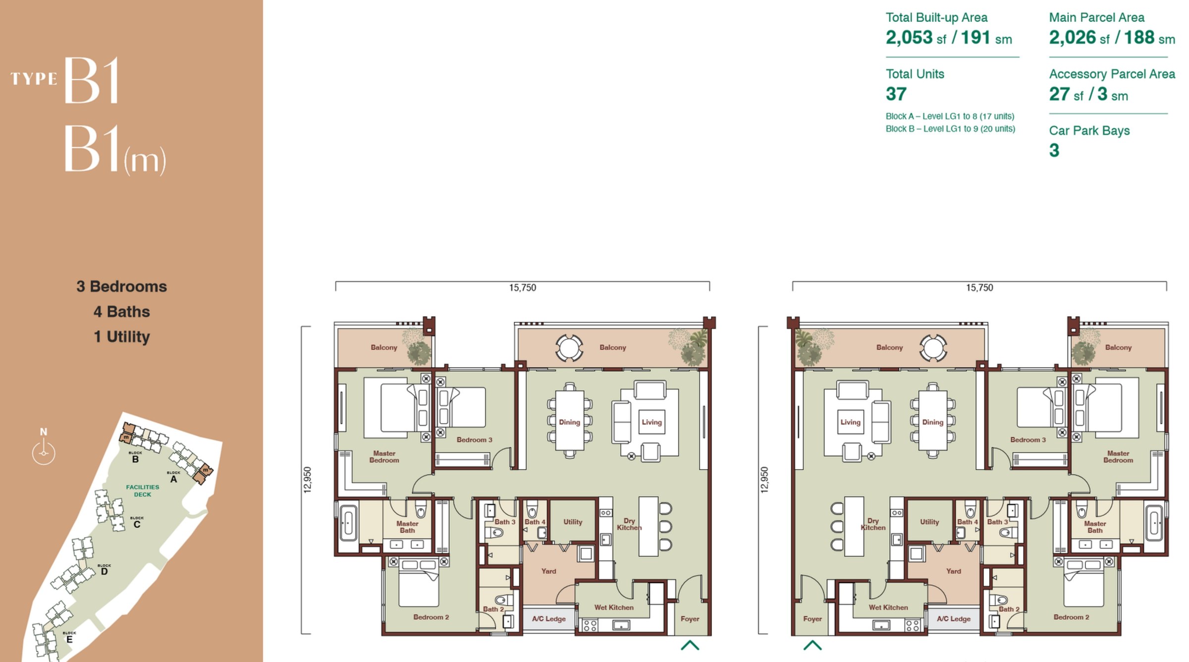 Zenia Condovilla Type B1 2053 sqft floor plan, 3 bedrooms with dual balconies