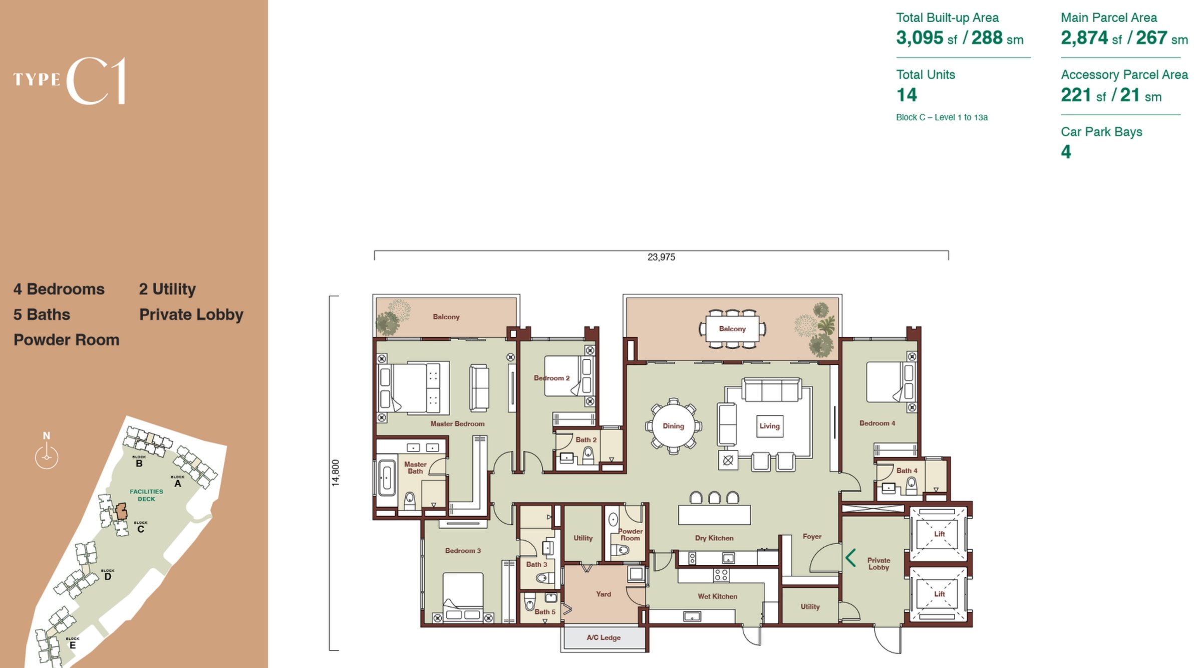 Zenia Condovilla Type C1 3095 sqft floor plan showing the private lobby with two lifts