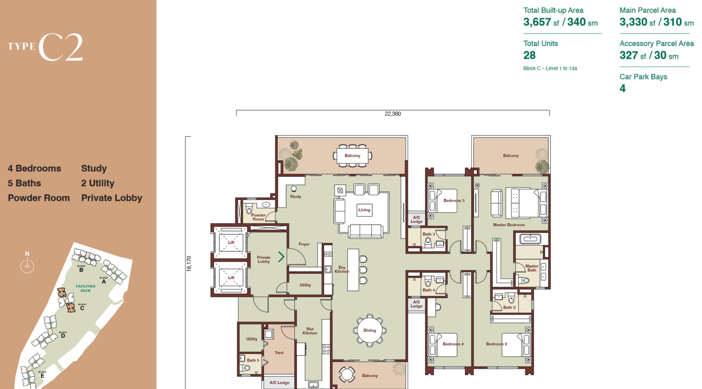 Zenia Condovilla Type C2 3657 sqft floor plan, 4 bedrooms with study and private lobby with two lifts