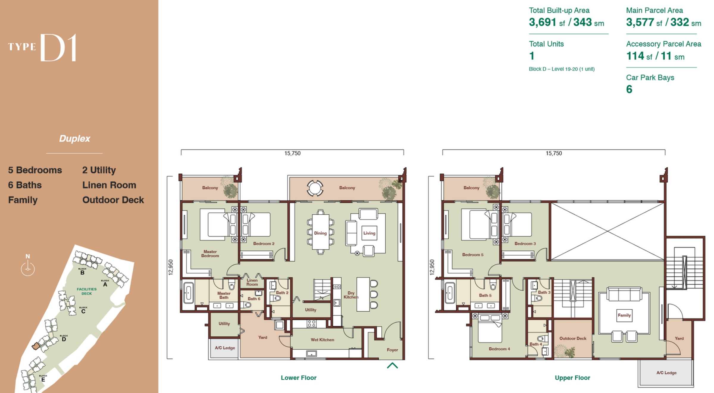 Zenia Condovilla Type D1 3691 sqft duplex floor plan, 5 bedrooms over two floors