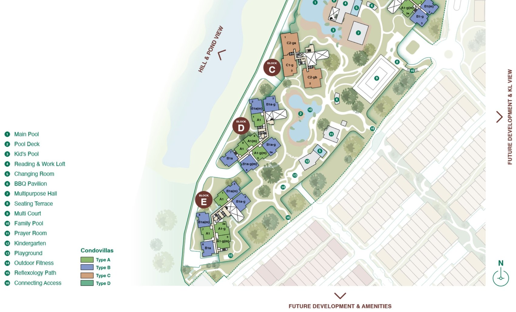 Zenia Condovillas facilities plan at Level G showing the main pool, family pool, multi court and playground
