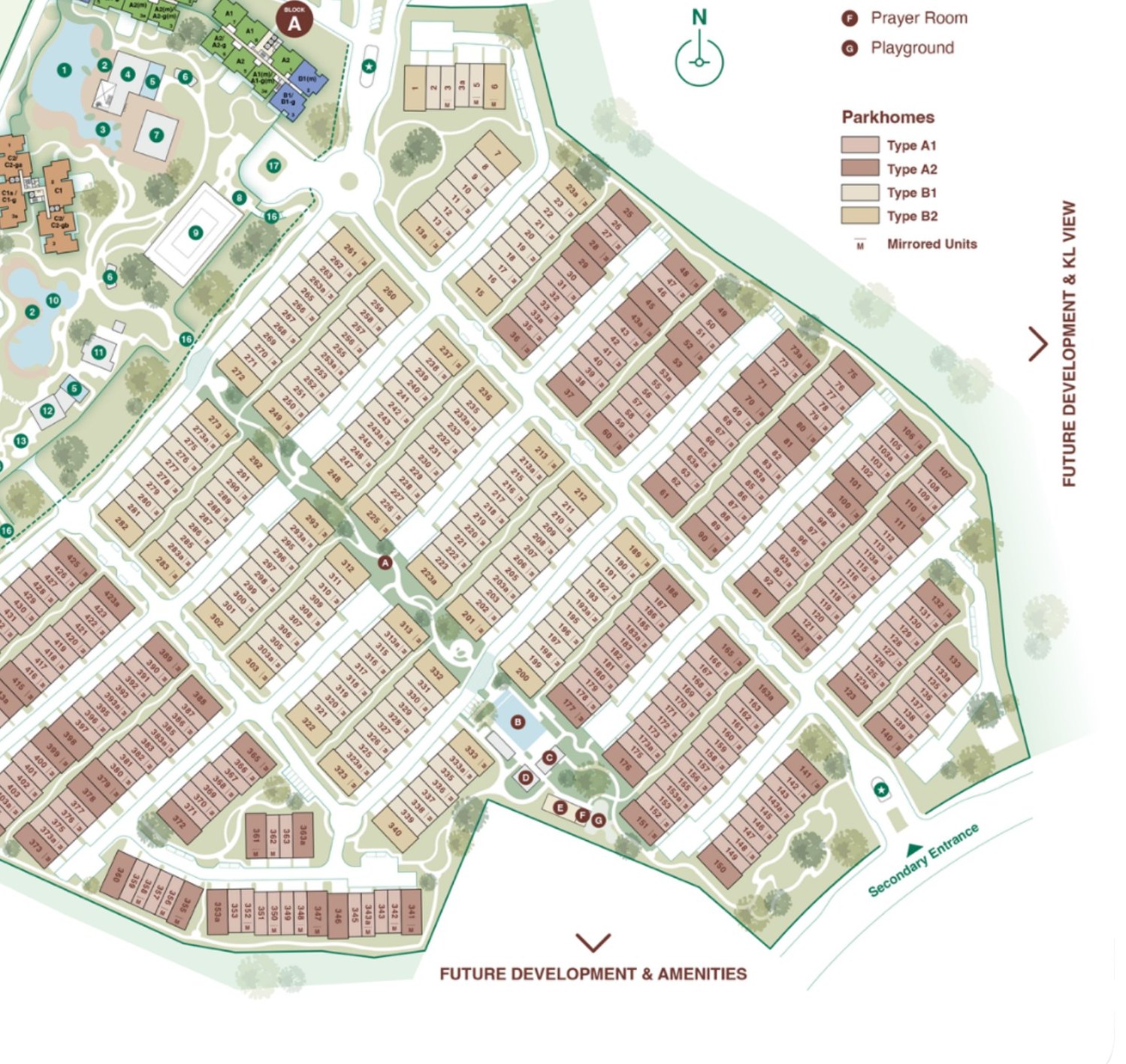 Zenia ParkCity Damansara site plan showing the Parkhome streets and the five Condovilla blocks along the pond edge