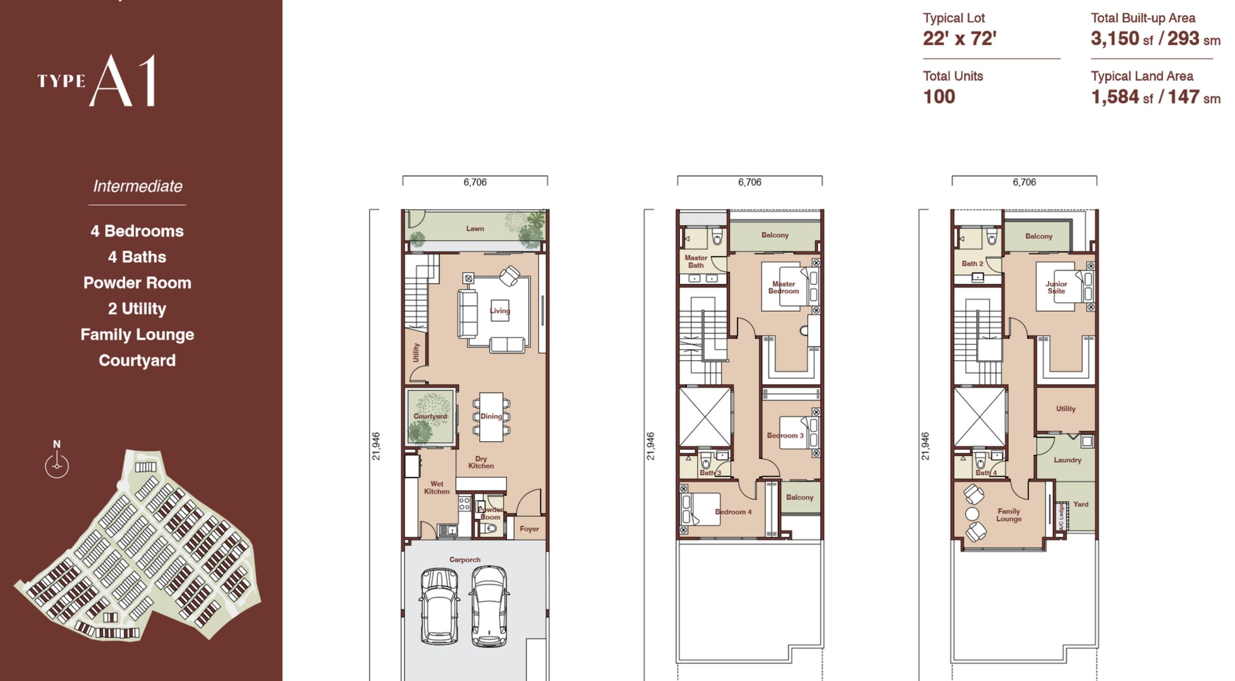 Zenia Parkhome Type A1 3150 sqft three-storey floor plan with courtyard and two-car carporch