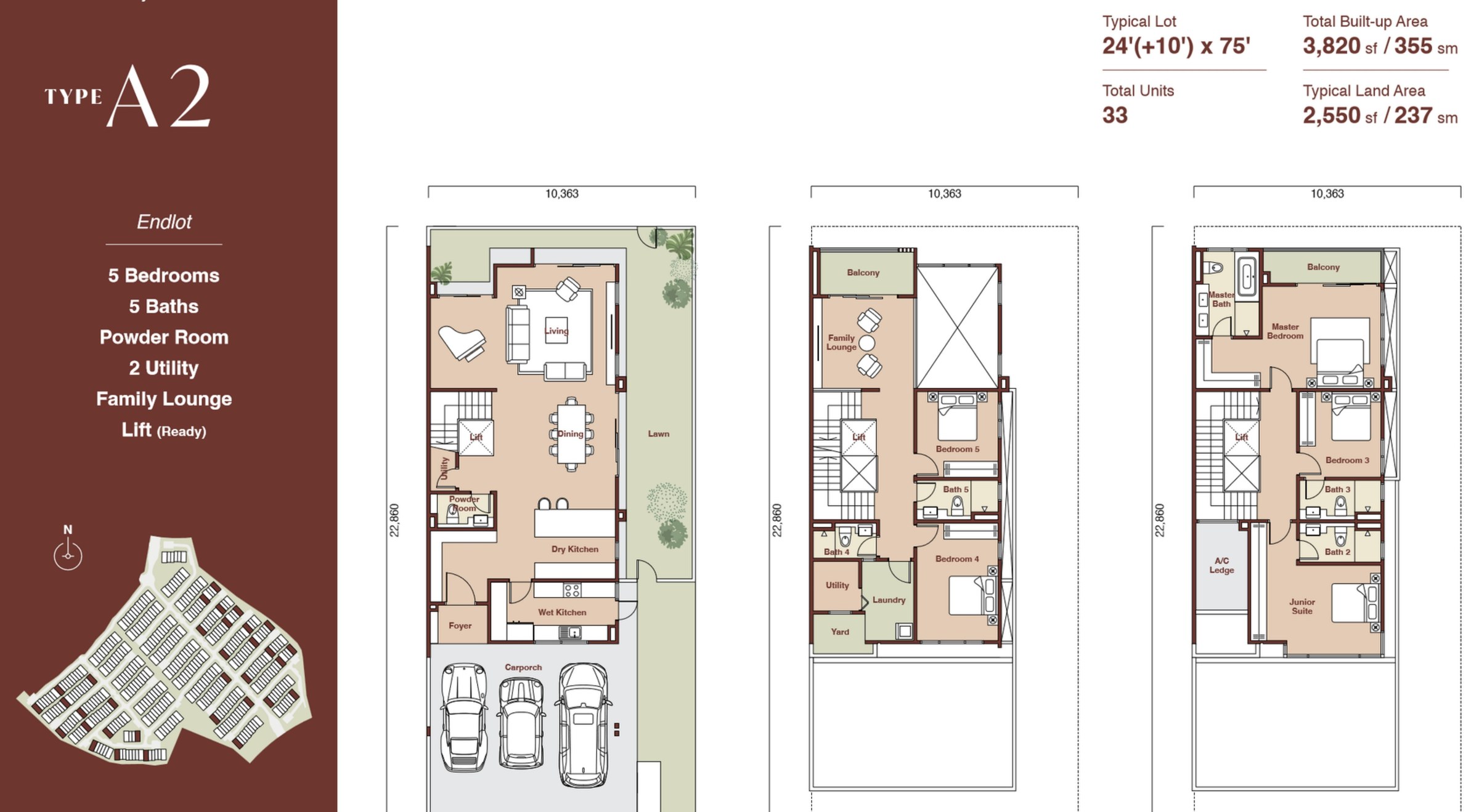Zenia Parkhome Type A2 3820 sqft three-storey floor plan with lawn and private lift
