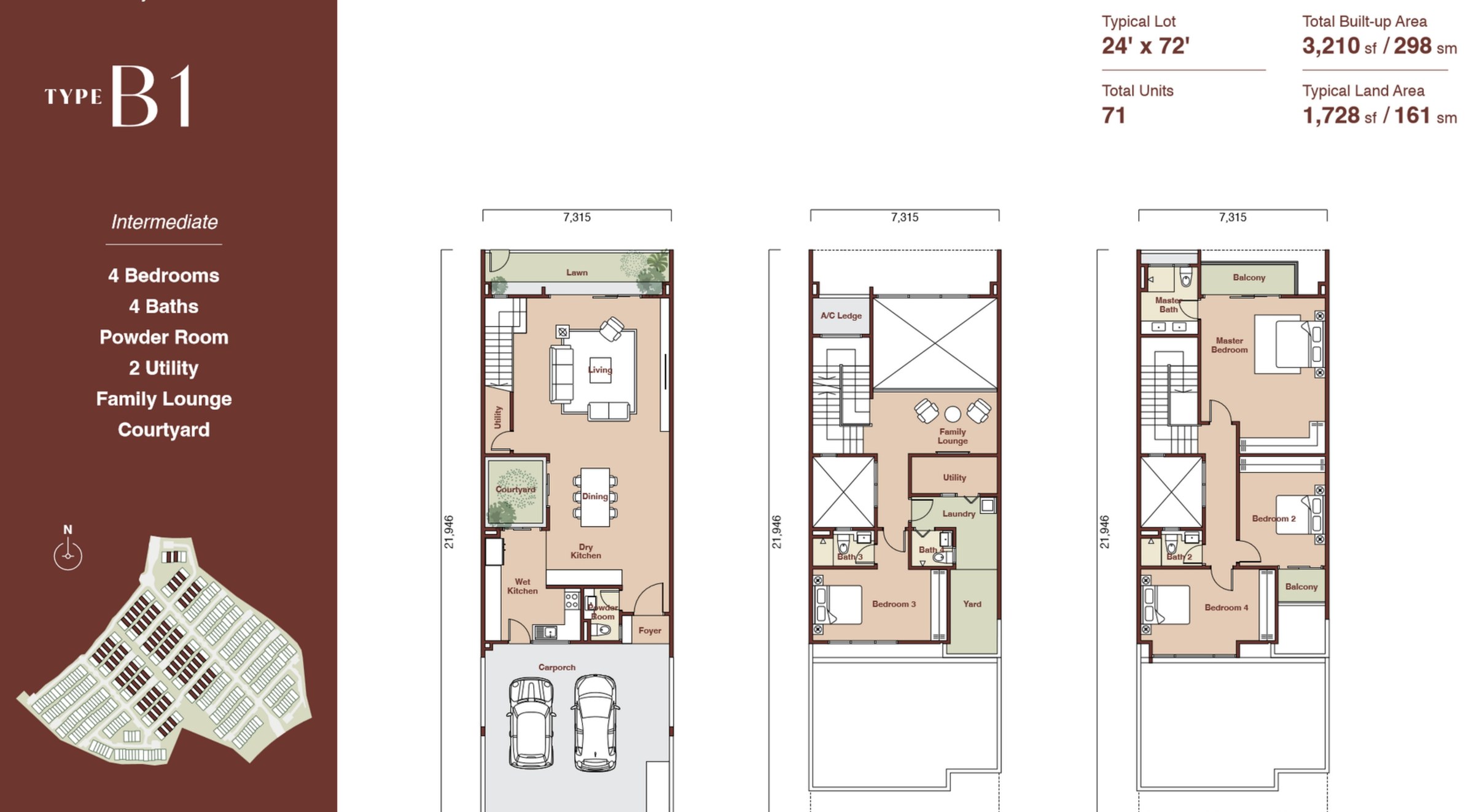 Zenia Parkhome Type B1 3210 sqft three-storey floor plan on a 24 by 72 foot lot